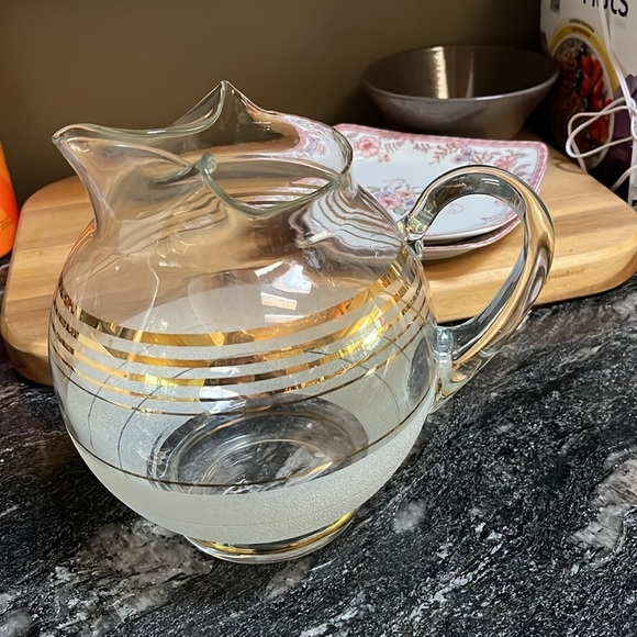 MCM Elegant Vintage Glass Pitcher with Gold Stripes 8" Tall - Picture 2 of 8